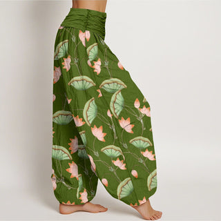 Buddha Gift Pink Lotus Flowers Lush Green Leaves Pattern Women's Elastic Waist Harem Pants