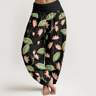 Buddha Gift Pink Lotus Flowers Lush Green Leaves Pattern Women's Elastic Waist Harem Pants