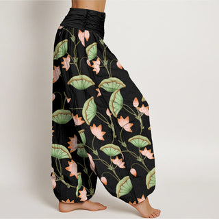 Buddha Gift Pink Lotus Flowers Lush Green Leaves Pattern Women's Elastic Waist Harem Pants