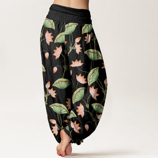 Buddha Gift Pink Lotus Flowers Lush Green Leaves Pattern Women's Elastic Waist Harem Pants
