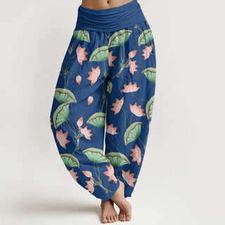 Buddha Gift Pink Lotus Flowers Lush Green Leaves Pattern Women's Elastic Waist Harem Pants