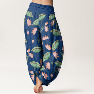 Buddha Gift Pink Lotus Flowers Lush Green Leaves Pattern Women's Elastic Waist Harem Pants