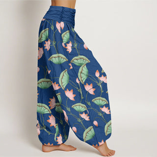 Buddha Gift Pink Lotus Flowers Lush Green Leaves Pattern Women's Elastic Waist Harem Pants