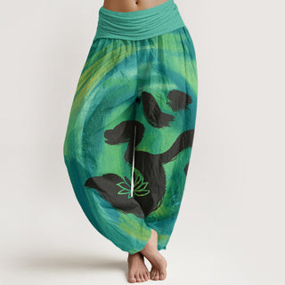 Buddha Gift OM Symbol Lotus Flower Pattern Women's Elastic Waist Harem Pants