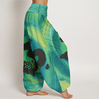 Buddha Gift OM Symbol Lotus Flower Pattern Women's Elastic Waist Harem Pants