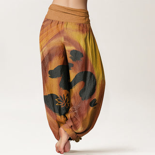 Buddha Gift OM Symbol Lotus Flower Pattern Women's Elastic Waist Harem Pants