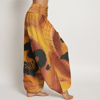 Buddha Gift OM Symbol Lotus Flower Pattern Women's Elastic Waist Harem Pants