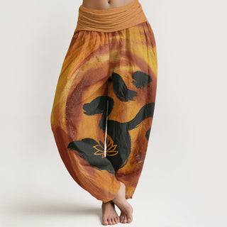 Buddha Gift OM Symbol Lotus Flower Pattern Women's Elastic Waist Harem Pants