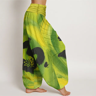 Buddha Gift OM Symbol Lotus Flower Pattern Women's Elastic Waist Harem Pants