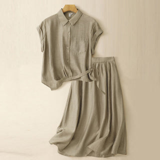 Buddha Gift 2Pcs Shirt Top 7-8 Length Skirt With Pockets Cotton Linen Clothing Women's Set