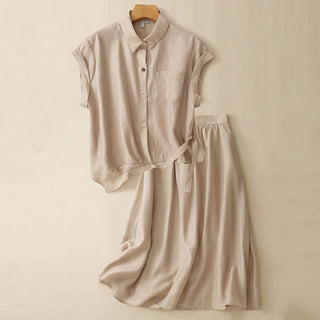 Buddha Gift 2Pcs Shirt Top 7-8 Length Skirt With Pockets Cotton Linen Clothing Women's Set