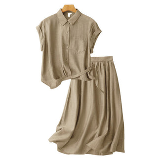 Buddha Gift 2Pcs Shirt Top 7-8 Length Skirt With Pockets Cotton Linen Clothing Women's Set