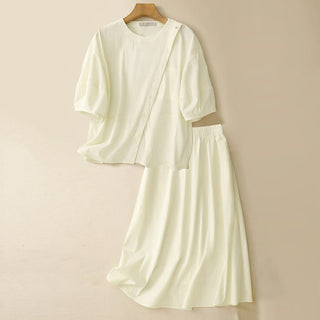 Buddha Gift 2pcs Irregular Button Design Shirt Skirt With Pockets Cotton Clothing Women's Set