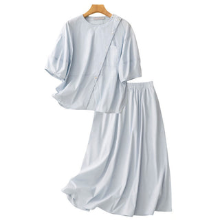 Buddha Gift 2pcs Irregular Button Design Shirt Skirt With Pockets Cotton Clothing Women's Set