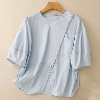 Buddha Gift 2pcs Irregular Button Design Shirt Skirt With Pockets Cotton Clothing Women's Set