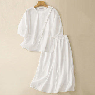 Buddha Gift 2pcs Irregular Button Design Shirt Skirt With Pockets Cotton Clothing Women's Set