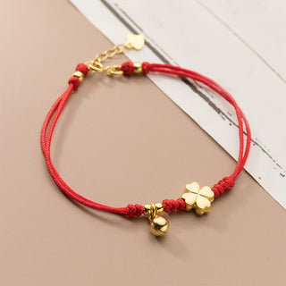 Buddha Gift 925 Sterling Silver Plated Gold Four Leaf Clover Red String Connection Bracelet