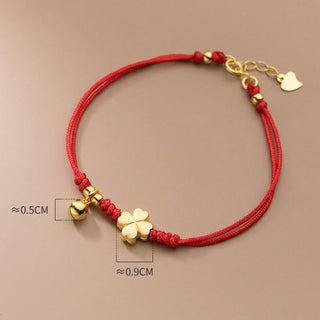 Buddha Gift 925 Sterling Silver Plated Gold Four Leaf Clover Red String Connection Bracelet