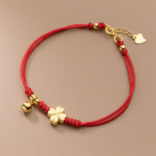 Buddha Gift 925 Sterling Silver Plated Gold Four Leaf Clover Red String Connection Bracelet