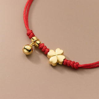 Buddha Gift 925 Sterling Silver Plated Gold Four Leaf Clover Red String Connection Bracelet