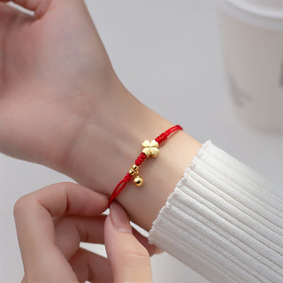 Buddha Gift 925 Sterling Silver Plated Gold Four Leaf Clover Red String Connection Bracelet