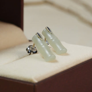 Buddha Gift Bamboo Hetian Jade 925 Sterling Silver Leaf Wealth Earrings