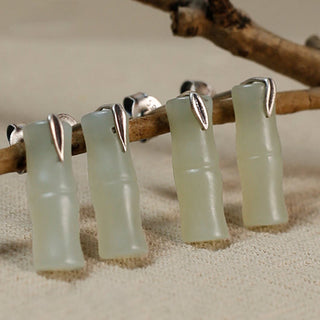 Buddha Gift Bamboo Hetian Jade 925 Sterling Silver Leaf Wealth Earrings