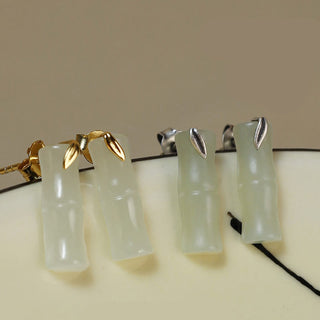 Buddha Gift Bamboo Hetian Jade 925 Sterling Silver Leaf Wealth Earrings