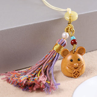 Buddha Gift Sandalwood 12 Chinese Zodiac Blessing Colorful Tassel Accessories Keychain