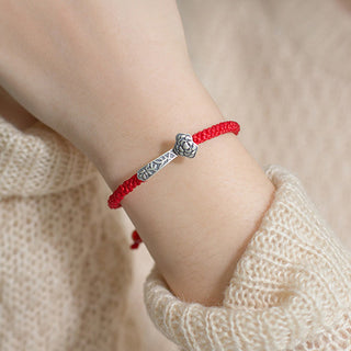 Buddha Gift Retro 925 Sterling Silver Ruyi As One Wishes Red String Braided Luck Bracelet