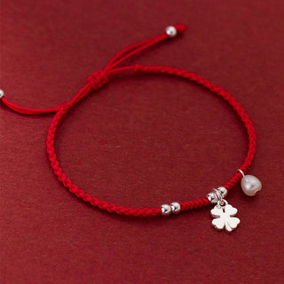 Buddha Gift Retro 925 Sterling Silver Four Leaf Clover Pearl Luck Red String Bracelet