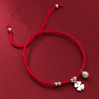 Buddha Gift Retro 925 Sterling Silver Four Leaf Clover Pearl Luck Red String Bracelet