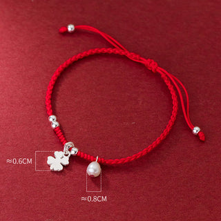 Buddha Gift Retro 925 Sterling Silver Four Leaf Clover Pearl Luck Red String Bracelet