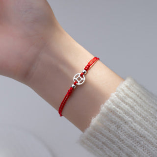 Buddha Gift 925 Sterling Silver Hollow Copper Coin Luck String Bracelet
