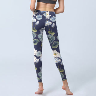 Buddha Gift Blue White Lotus Flowers Oil Painting Print Gym Leggings Women's Yoga Pants