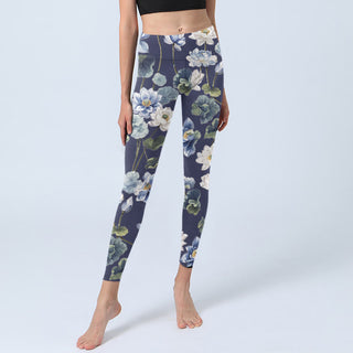 Buddha Gift Blue White Lotus Flowers Oil Painting Print Gym Leggings Women's Yoga Pants
