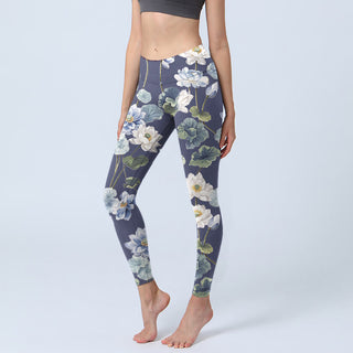 Buddha Gift Blue White Lotus Flowers Oil Painting Print Gym Leggings Women's Yoga Pants