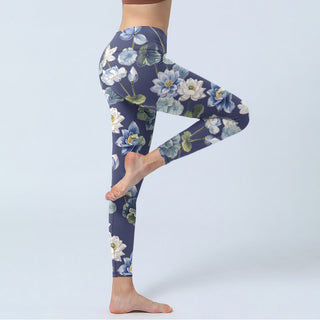 Buddha Gift Blue White Lotus Flowers Oil Painting Print Gym Leggings Women's Yoga Pants