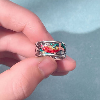 Buddha Gift Blue Enamel Koi Fish Heart Sutra Success Ring
