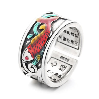 Buddha Gift Blue Enamel Koi Fish Heart Sutra Success Ring