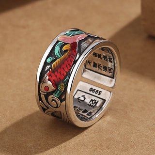 Buddha Gift Blue Enamel Koi Fish Heart Sutra Success Ring