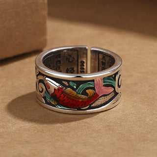 Buddha Gift Blue Enamel Koi Fish Heart Sutra Success Ring