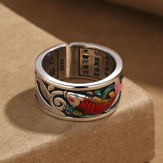 Buddha Gift Blue Enamel Koi Fish Heart Sutra Success Ring