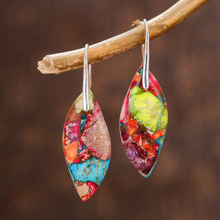 Buddha Gift Natural Emperor Stone Water Drop Leaf Shape Happiness Earrings