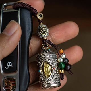 Buddha Gift Om Mani Padme Hum Ghau Prayer Box Copper Plated Silver Luck Key Chain