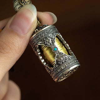 Buddha Gift Om Mani Padme Hum Ghau Prayer Box Copper Plated Silver Luck Key Chain