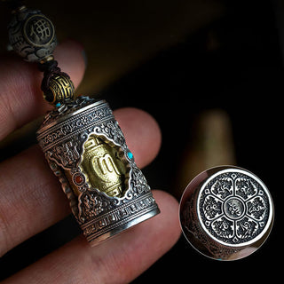 Buddha Gift Om Mani Padme Hum Ghau Prayer Box Copper Plated Silver Luck Key Chain