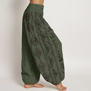 Buddha Gift Pure Cotton Mandala Om Mani Padme Hum Women's Elastic Waist Harem Pants