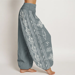 Buddha Gift Pure Cotton Lotus Flowers Double Dorje Vajra Namaste Om Design Women's Elastic Waist Harem Pants