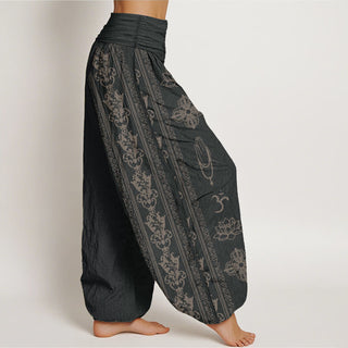 Buddha Gift Pure Cotton Lotus Flowers Double Dorje Vajra Namaste Om Design Women's Elastic Waist Harem Pants